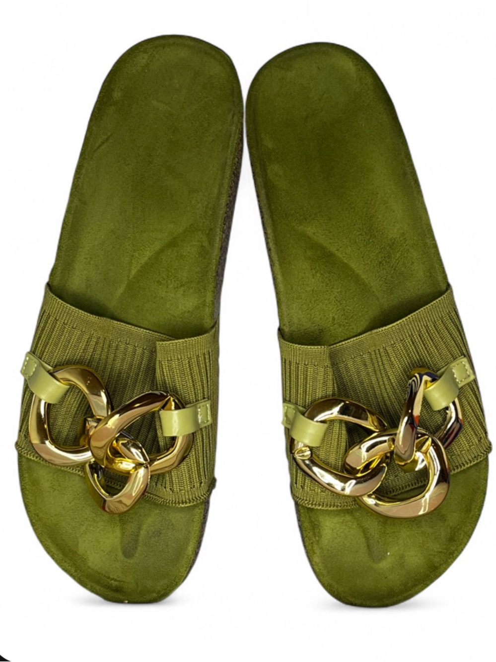 NEW - Women’s Elegant Gold Chain Olive Green Suede Summer Slide Sandals Size 11